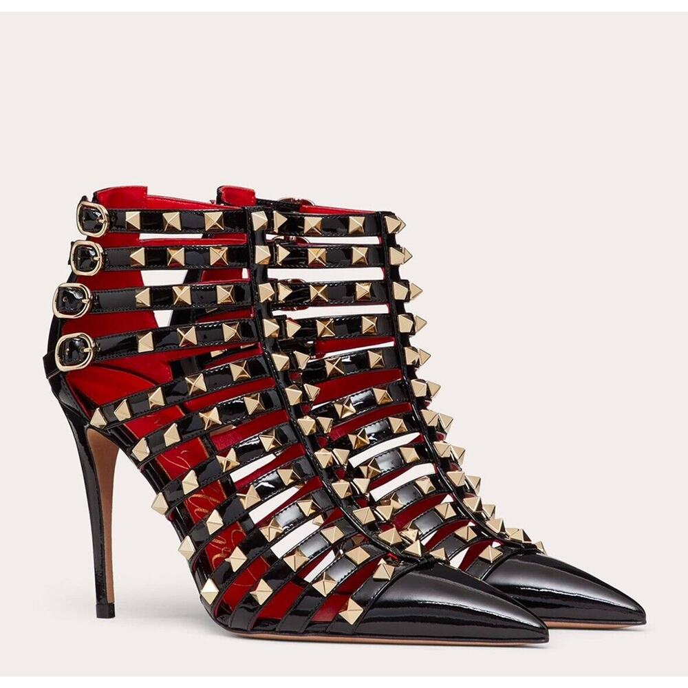 Valentino Garavani 37.5 Rockstud Alcove Black Strappy Gladiator Cage Pump NIB